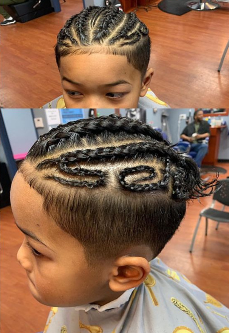 two images of a young child's hair cut and braiding service.