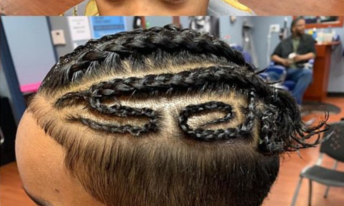 two images of a young child's hair cut and braiding service.
